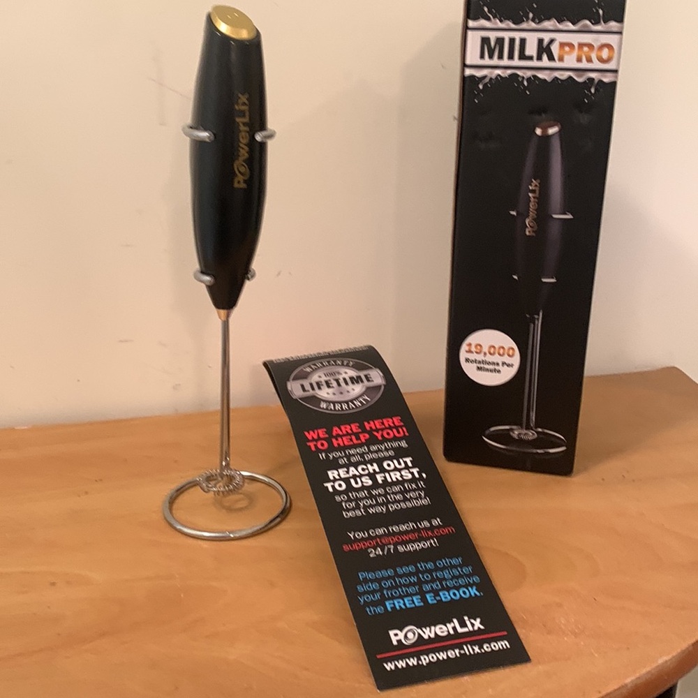 PowerLix Milk Pro Handheld MILK FROTHER w/Chrome Stand | Battery Powered | Black